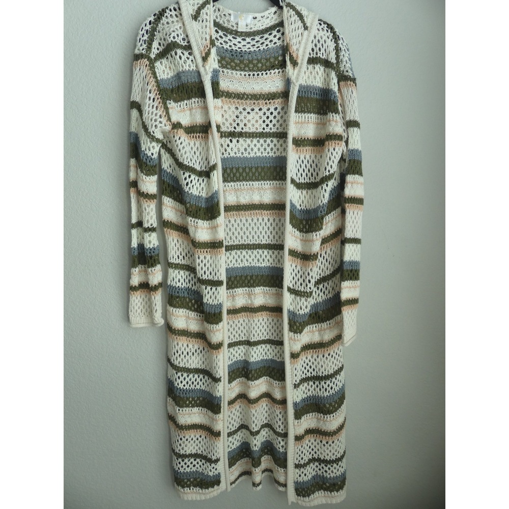 Charming Charlie Striped Open Knit Hooded Duster Cardigan Sz L Boho Festival‎